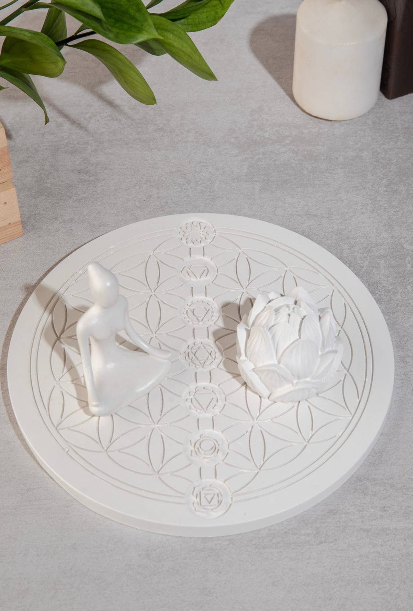 Gypsum handmade figurines of Yogini & Lotus on Flower of life plate