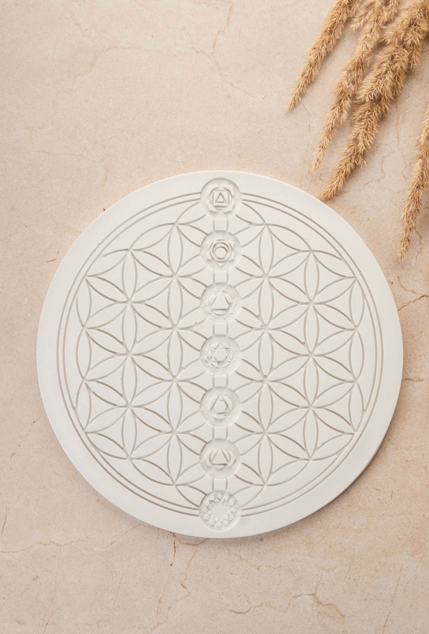 Gypsum handmade figurines of Yogini & Lotus on Flower of life plate