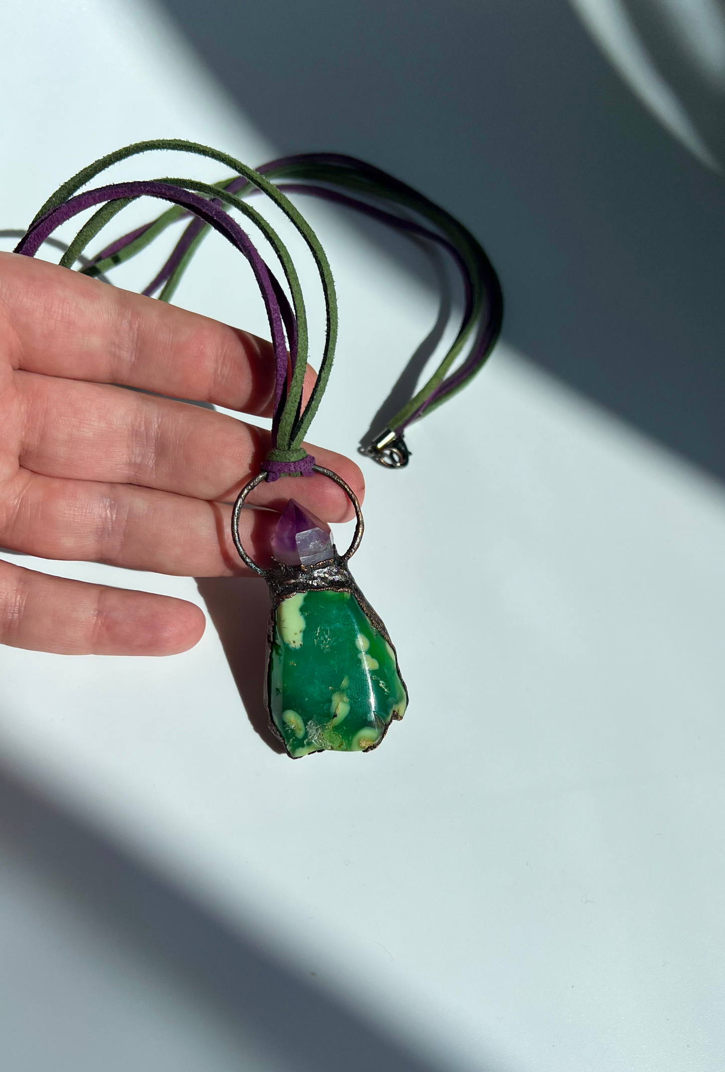 Chrysoprase , amethyst , copper designer necklace