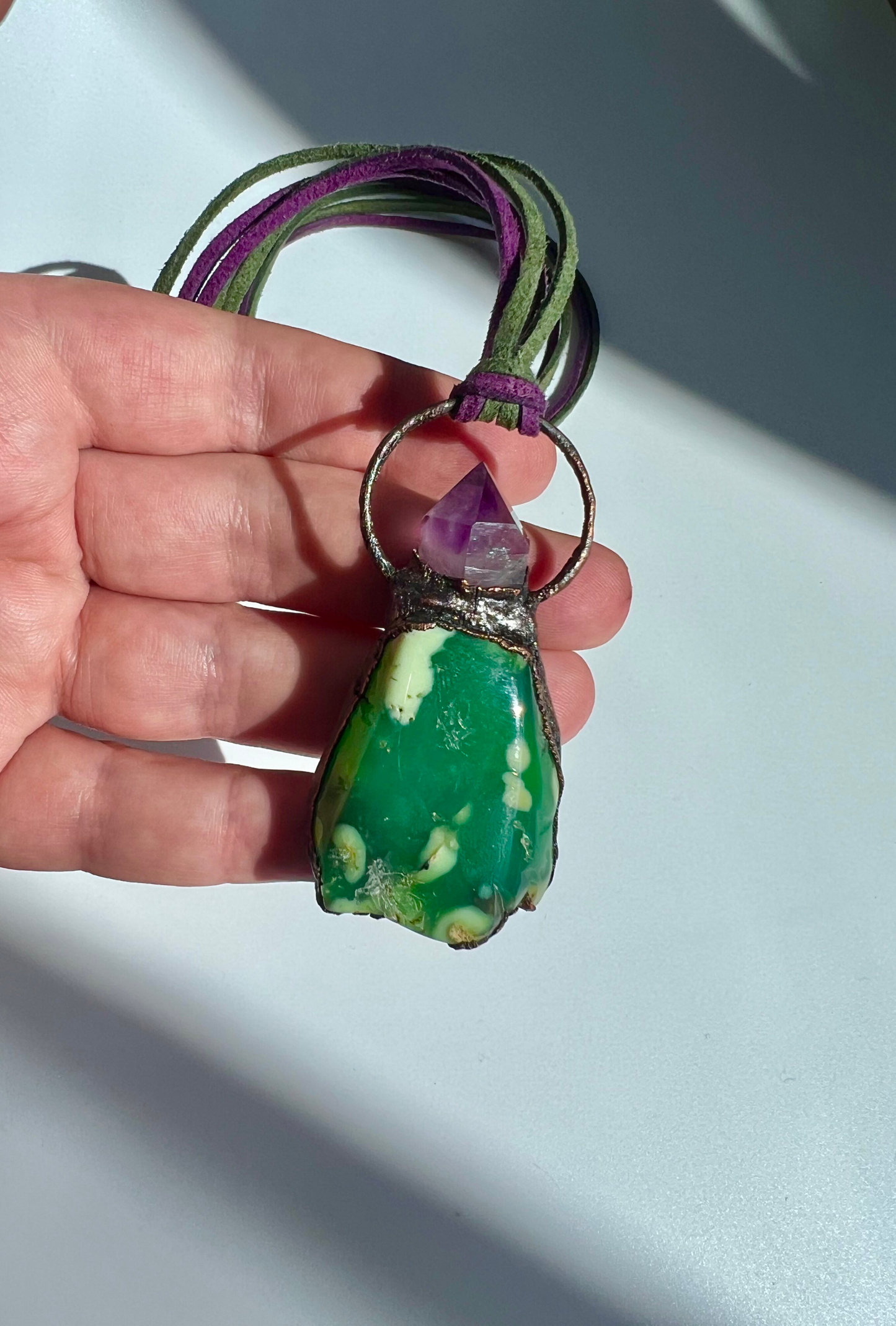 Chrysoprase , amethyst , copper designer necklace