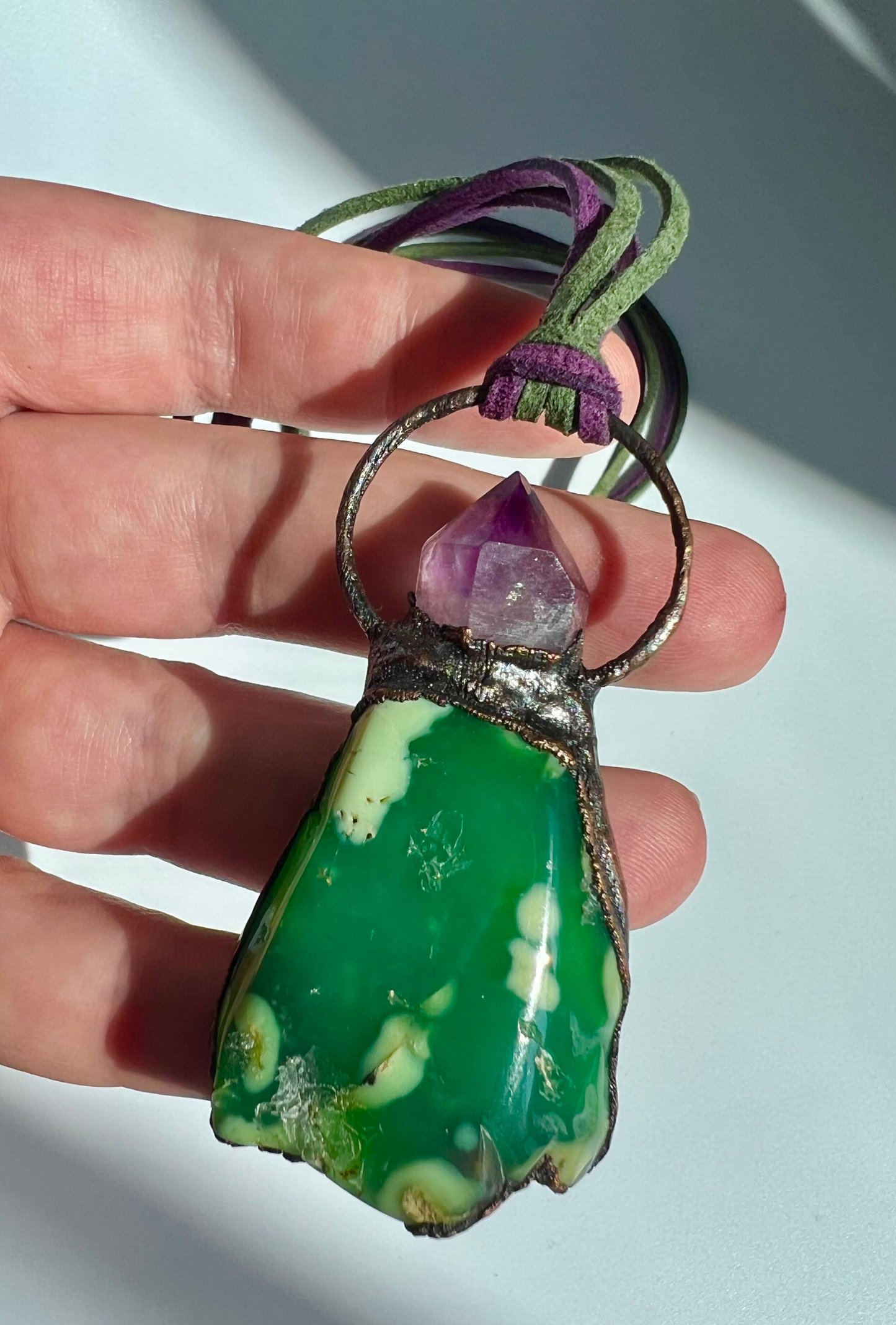 Chrysoprase , amethyst , copper designer necklace